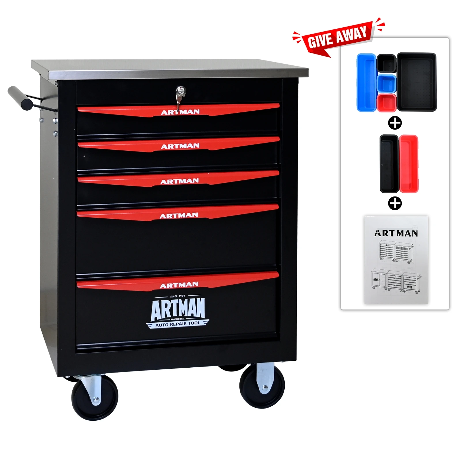 

5 Drawer Rolling Tool Box Hardware Storage Tool Cabinet, Heavy Duty Steel Metal Cart, Lockable, Shop Garage NEW,black and orange