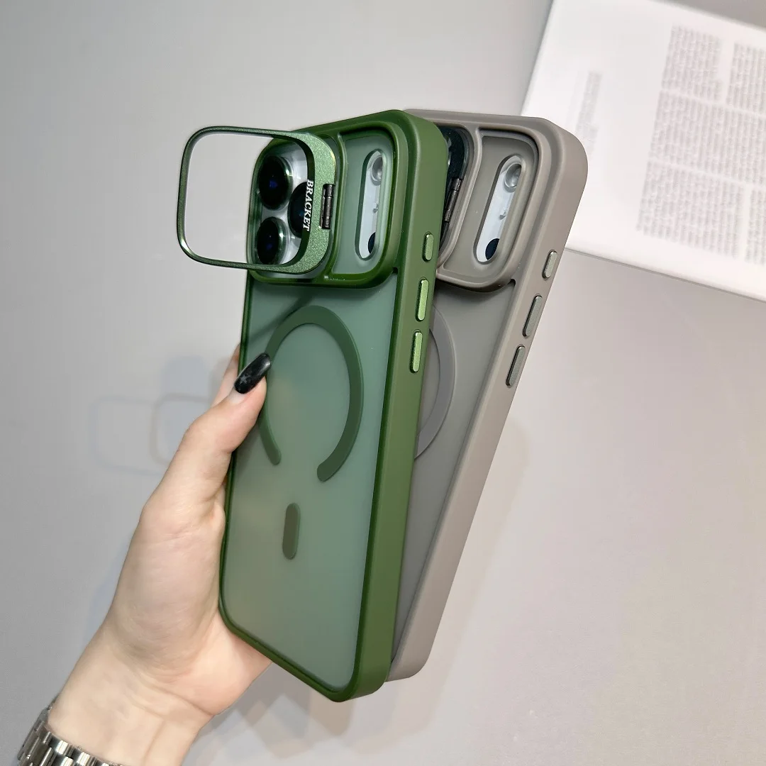 Custodia con staffa smerigliata con sensazione di pelle calda per iPhone 17 16 15 14 13 12 11 Pro Max Plus Cavalletto con copertura di ricarica wireless magnetica