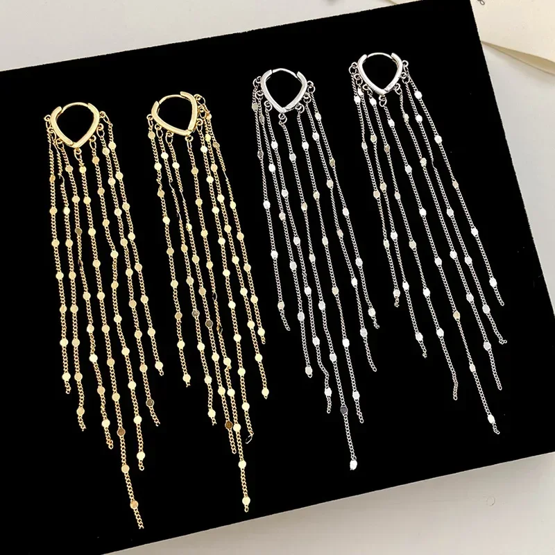

Real 925 Sterling Silver Chain Tassels Pendant Hoop Earrings for Women Minimalist Geometric Fine Jewelry Trendy Accessories