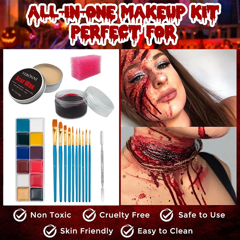 SFX Makeup Kit,12 Colors Face Body Oil Paint, Stage Special Effects, Halloween Wound Scar Wax, Makeup, Fake Rib Blood Spatula