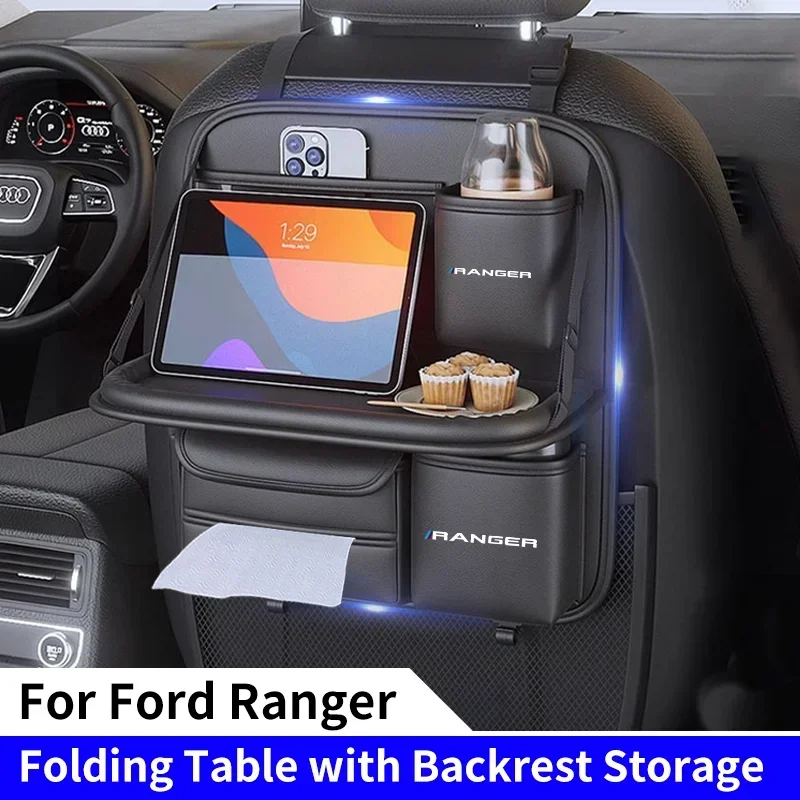 Car Seat Back Organizer with Foldable Table Tray Car Seat Back Storage Bag For Ford Ranger T9 T6 Raptor Tablet Holder Tissue Box