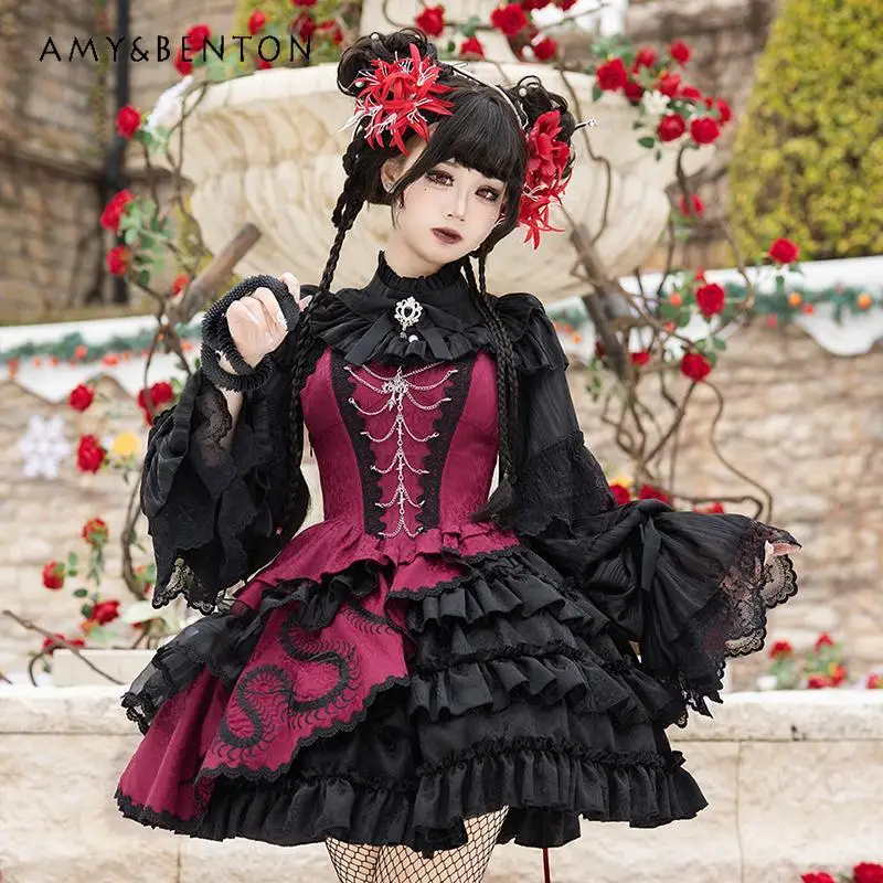 

Subculture Dark Lolita Dress JSK Gothic Original Design Vintage Embroidered Jacquard Cake Dresses Punk Style Dress for Women