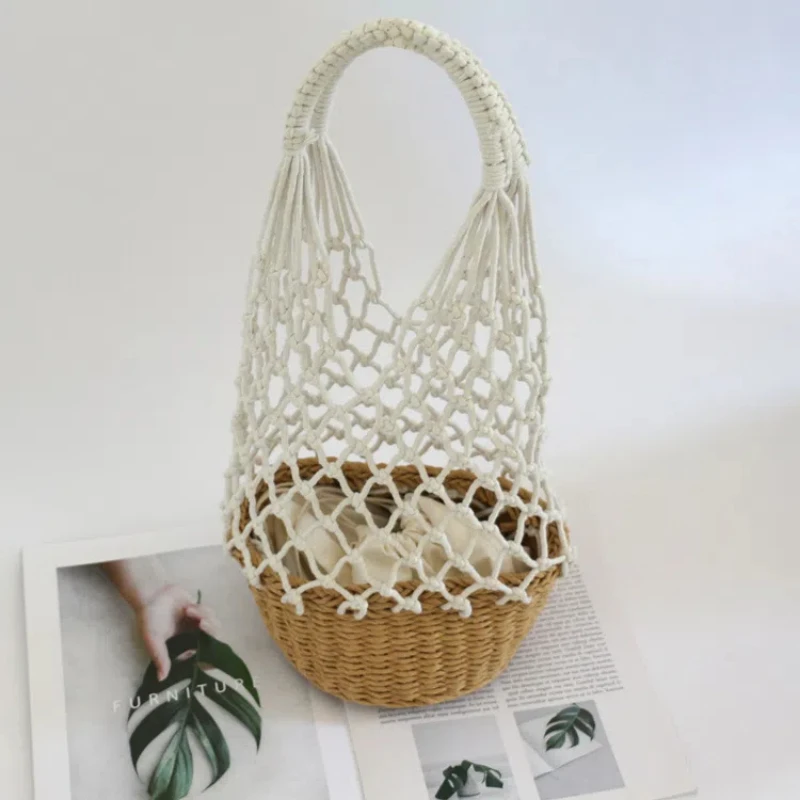 

New Korean Ins Mesh Bag Cotton Rope Woven Bag Forest Style Hollow Out Women's Grass Woven Handbag Vacation Woven Beach Bag