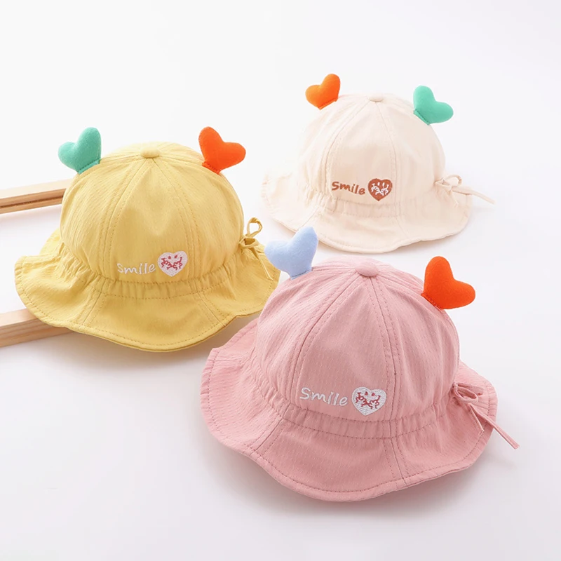 

Cute Love Ears Baby Fisherman Hat 6-24Months Children Drawstring Bucket Cap Girl Sunscreen Visors Solid Cotton Kids Basin Hats