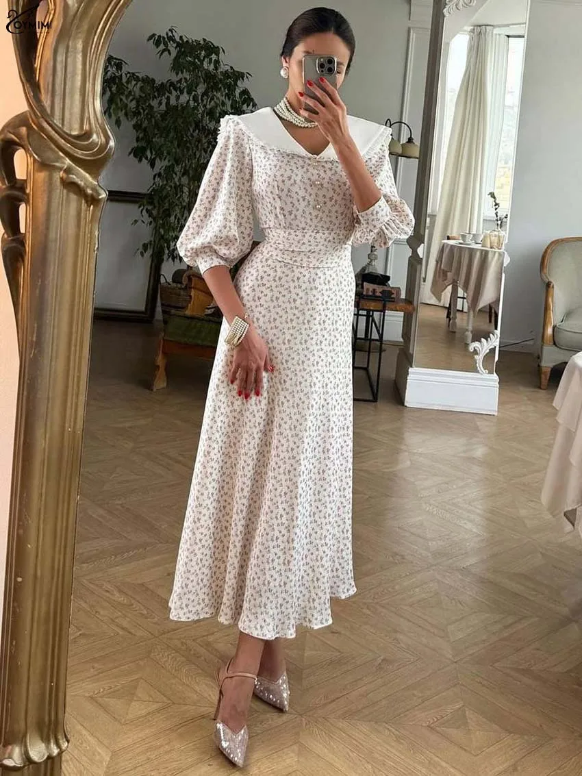 

Oymimi Autumn White Print Dresses 2025 Woman Elegant Patchwork Half Sleeve Button Dresses Casual Lace-Up Mid-Calf Dress Female