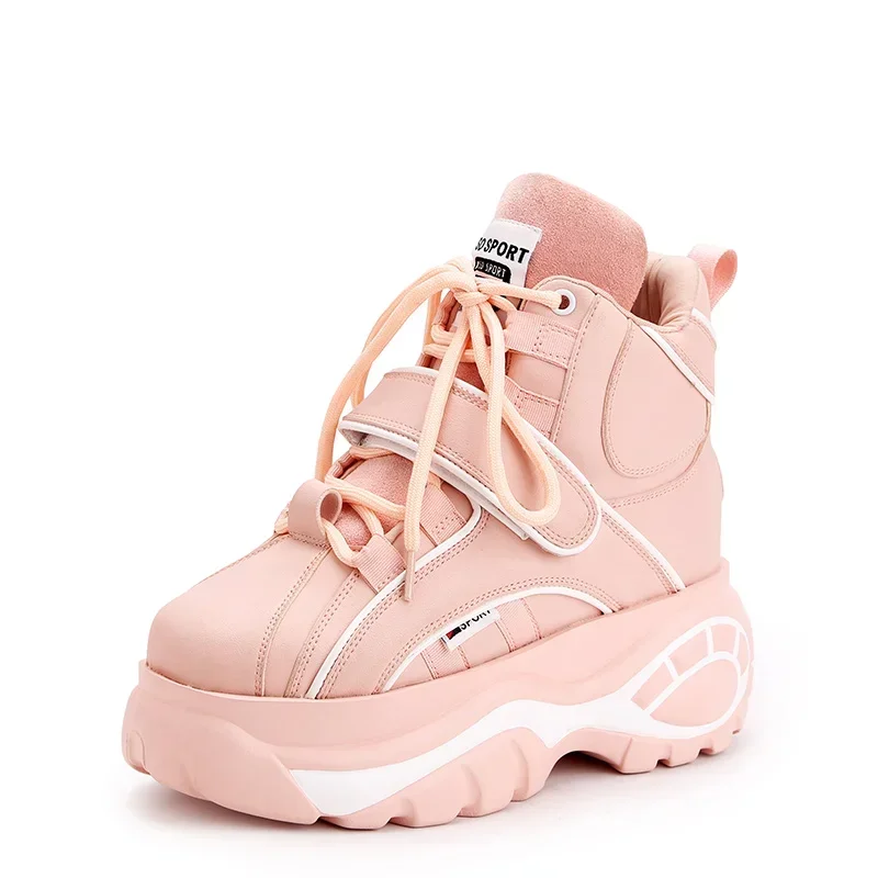 Genuine Leather High Top Women Sneakers Wedge Chunky Heel Platform Ankle Boots High Quality Height Increase Women's Sports Shoes