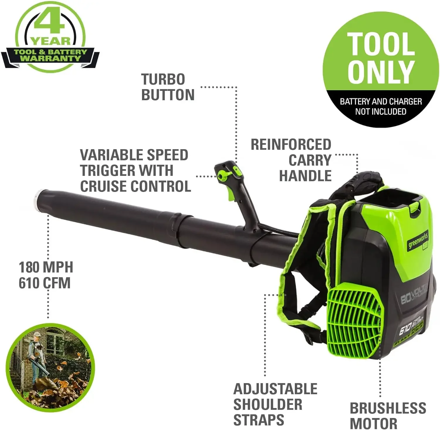 80V (180 MPH / 610 CFM / 75+ Compatible Tools) Cordless Brushless Backpack Blower, Tool Only