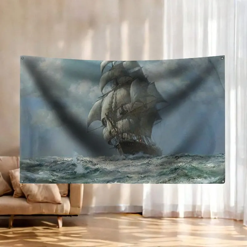 Nautical Pirate Ship Tapestry Banner Wall Decoration Flag Art Print For Home Decor Living Room Bedroom With 4 Rings