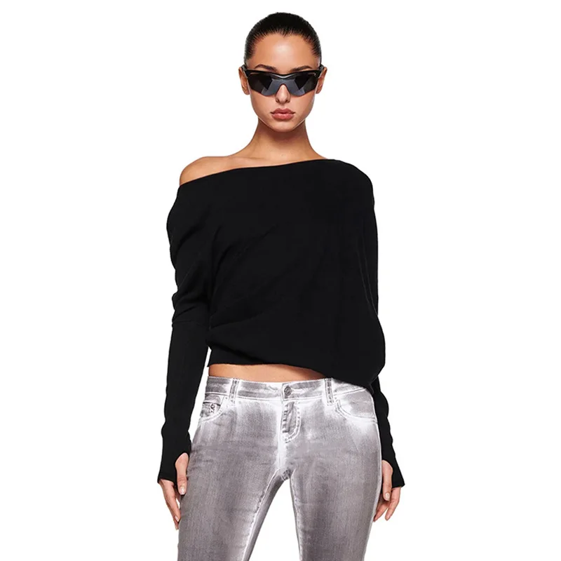 Fashion Women Solid White Long Sleeve Skew Collar Tops T-shirts Streetwear Casual Loose One Shoulder Tops Females Tess Autumn