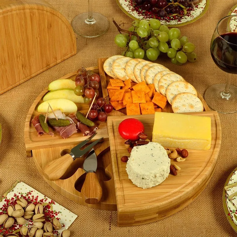 Bamboo Cheese Plate Cheese Cutting Board Pull-Out Scalloped Bamboo Cheese Board Deli Board Assortment Snack Platter