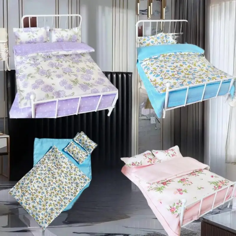 ミニチュアドールハウスベッドセット：1/12スケール用ベッド、キルト、カバー、枕