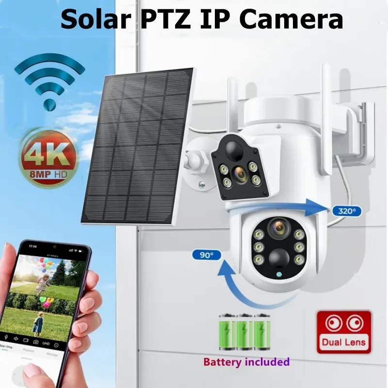 

4MP Wireless Solar Camera Dual lens WiFi PTZ Camera Outdoor Built-in Battery Video Surveillance Camera Long Time Standby iCsee