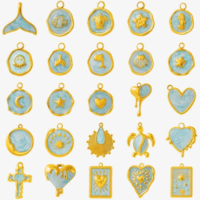 5pcs Blue Oil Drop Fish Tail Heart Sea Animal Pendants For Jewelry Making Supplies Gold Color Stainless Steel Charm DIY Necklace