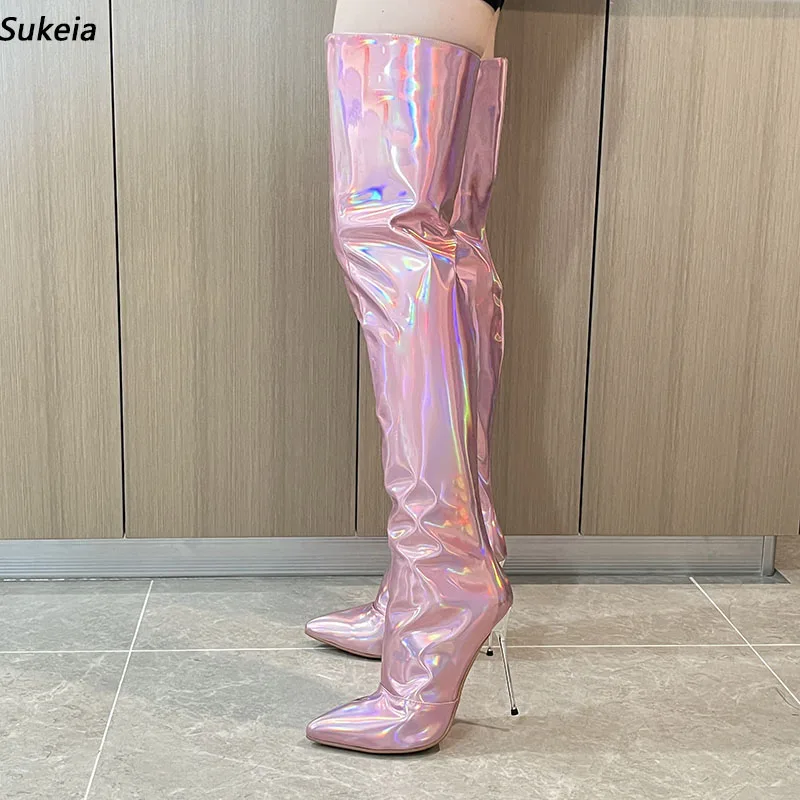 

Sukeia Handmade Women Winter Thigh Boots Thin High Heels Pointed Toe Beautiful Gold Pink Party Shoes Ladies US Size 5-13