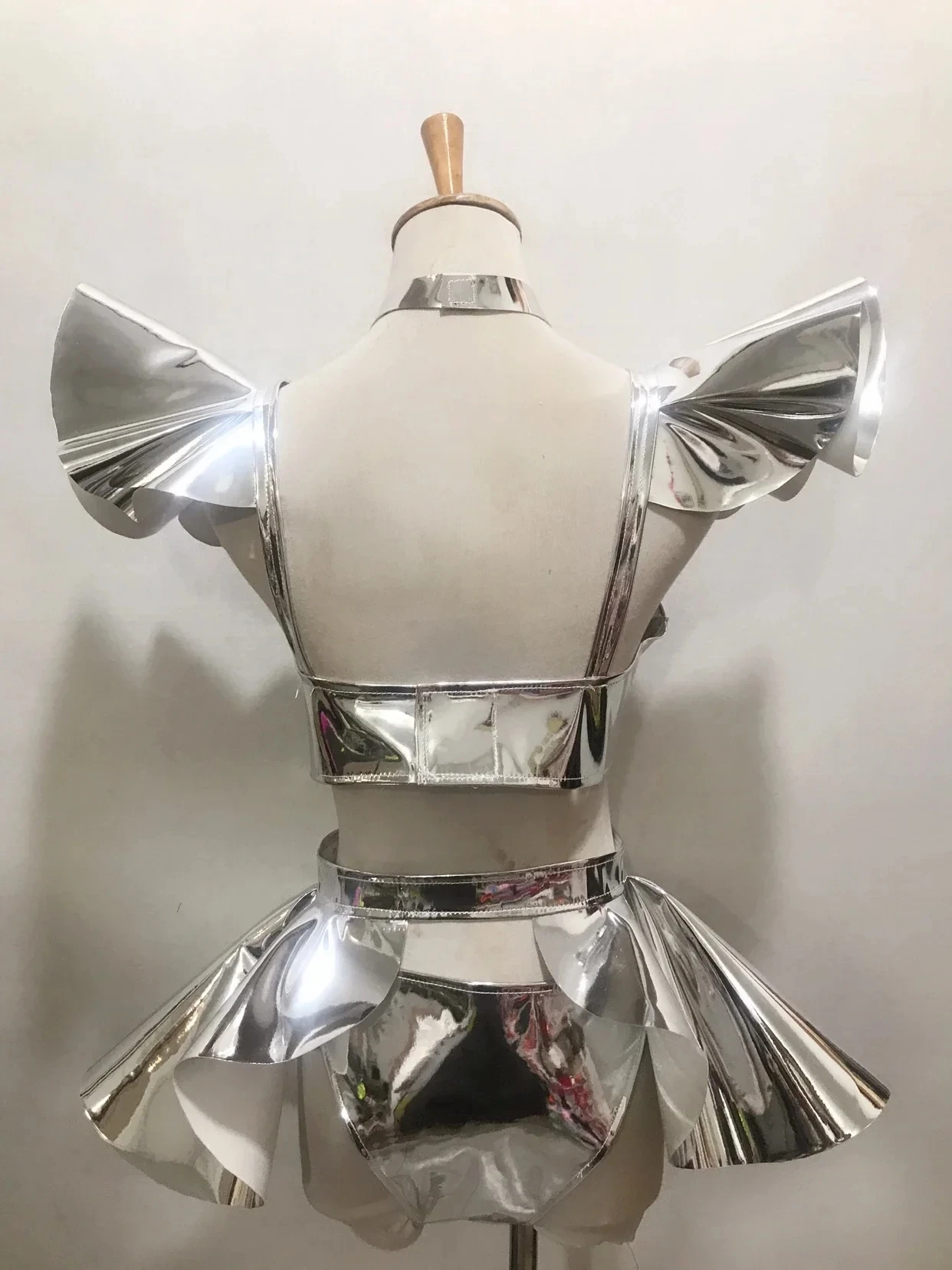 Silber Fluoreszierendes Gelbes Lackleder Bikini Minirock Festival Party Show Rave Dance Outfit Sexy Sänger Bühnenclub Kostüm