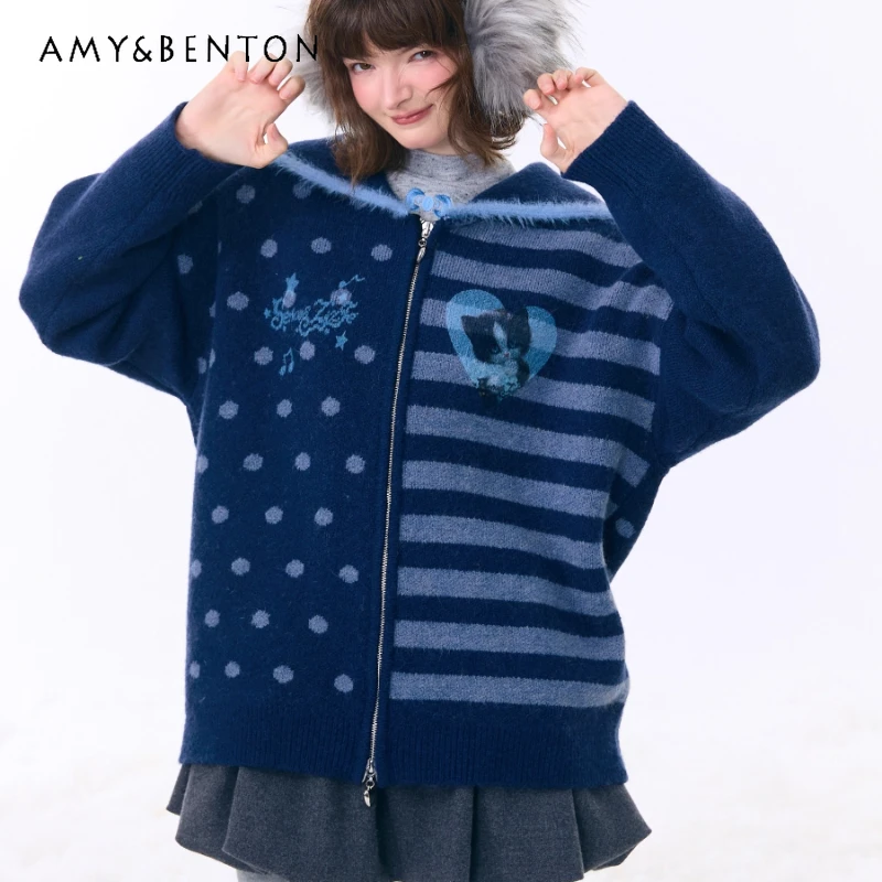 

American Retro Design Navy Collar Printed Women's Sweater Autumn Winter New Slimming Blue Sweater Cardigan Coat for Women