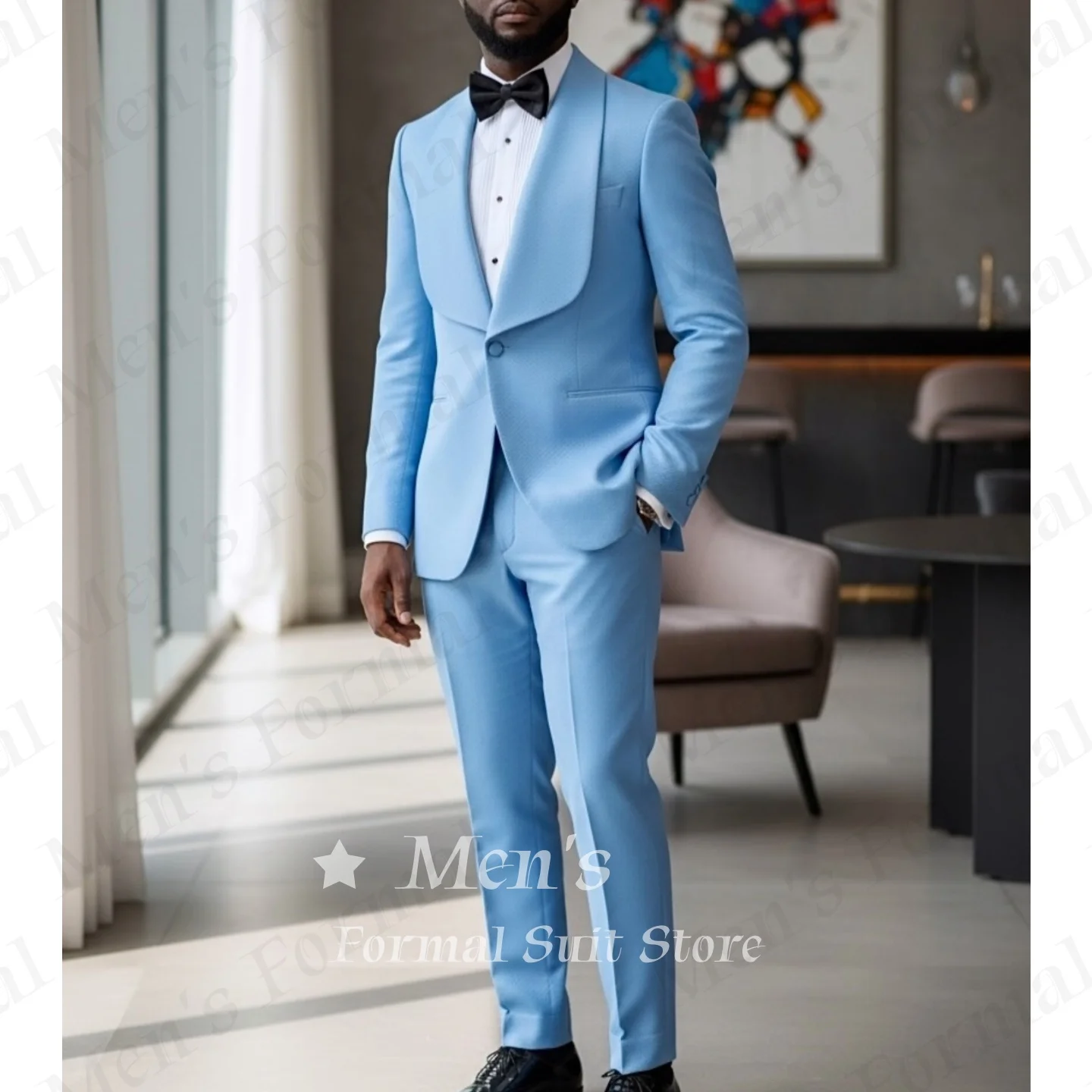 

Vintage Men Light Blue Tuxedo 2 Piece Suit Shawl Lapel Blazer Pants Set Slim Fit Office Wedding Groom Prom Customized