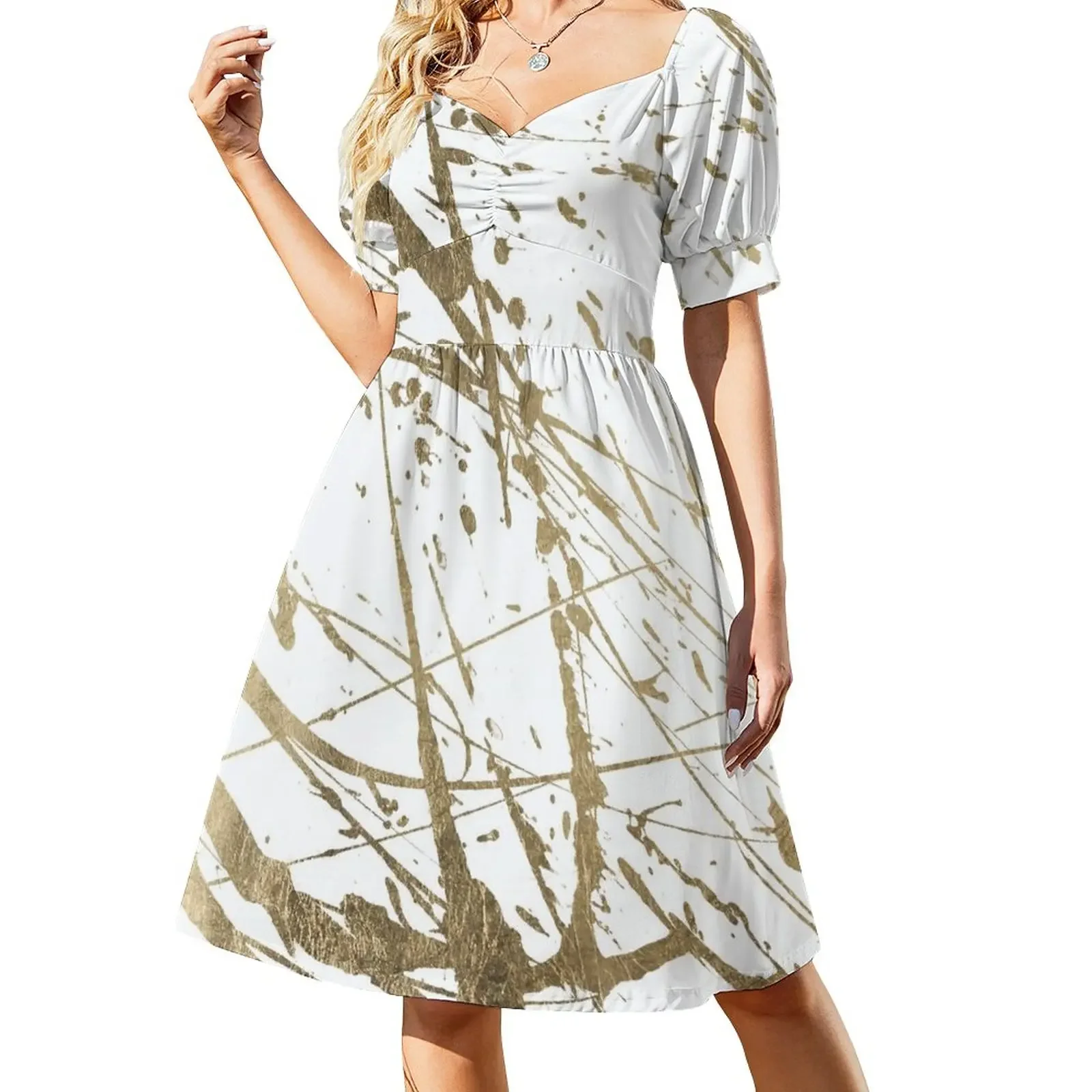 

Artistic white abstract faux gold paint splatters Sleeveless Dress summer dresses women 2024 Women's dresses