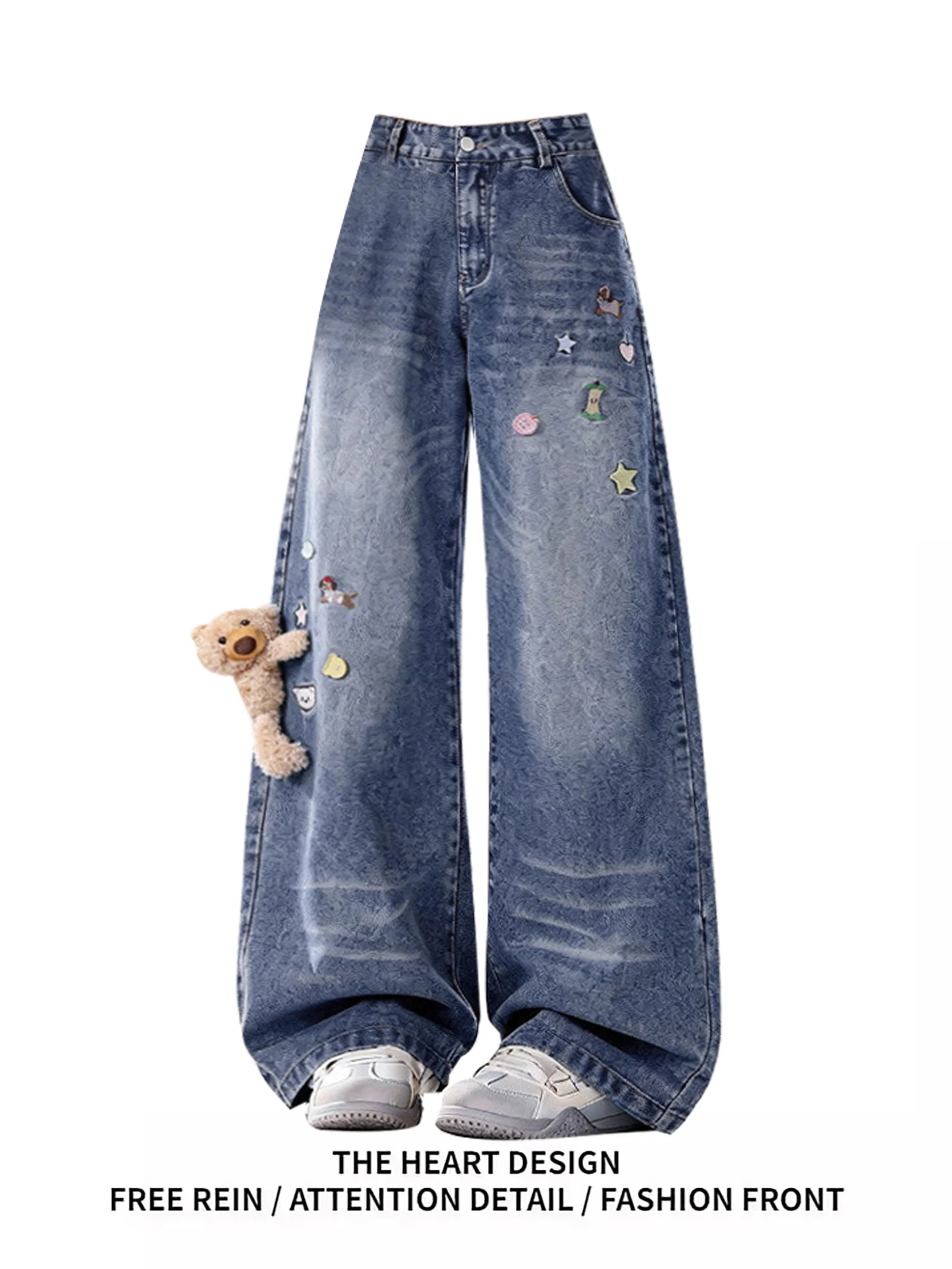

Cartoon Bear Embroidery Loose Wide Leg Jeans Women's Spring Autumn New Sle Retro High Waist Button Fastening Soft Denim Pants
