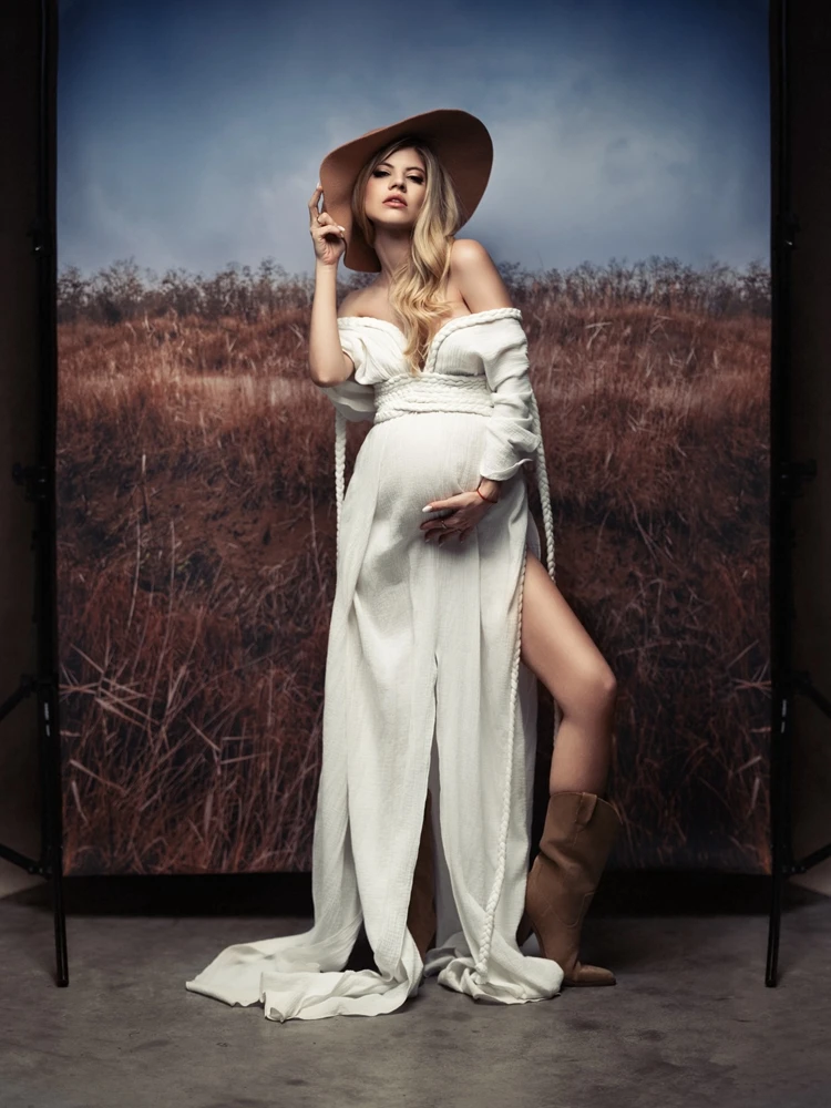 

Maternity Dress Photography Deep V Neck White Chiffon Long Maxi Gown Split Front Elegant Pregnancy baby belly shooting