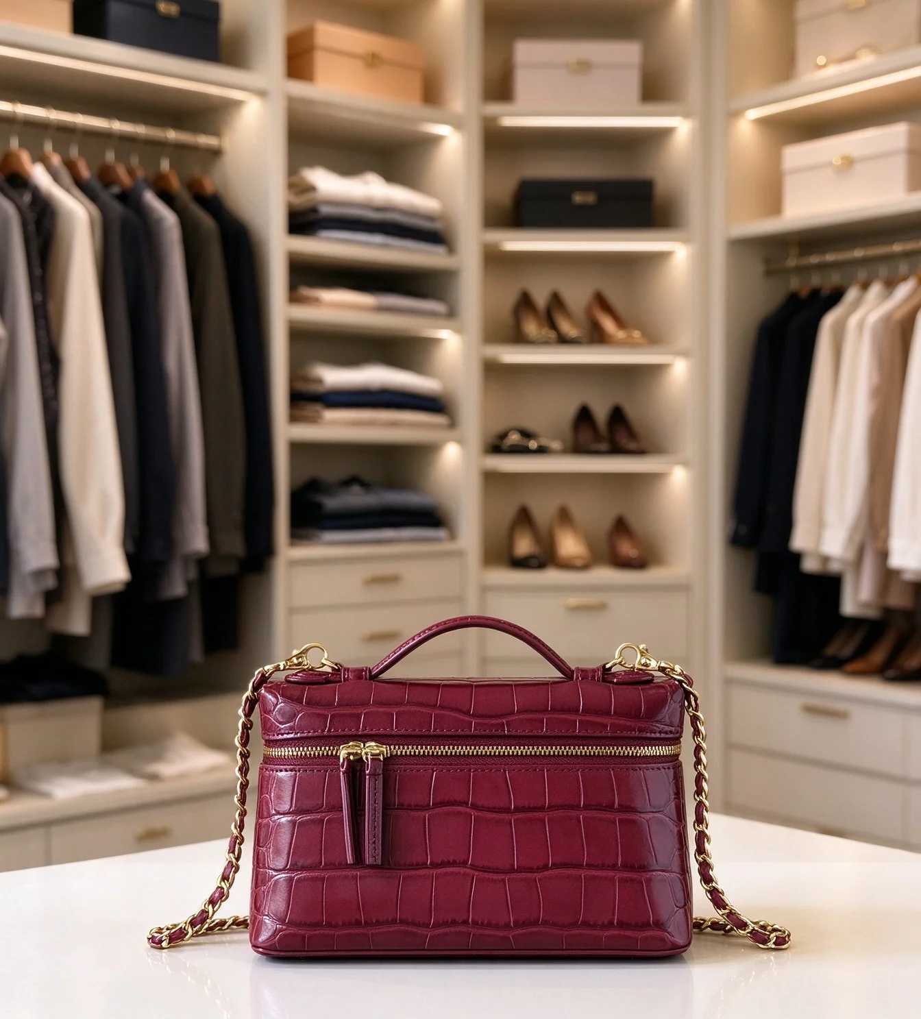 Women Burgundy Crocodile Print Box Handbag Gold‑hardware Zipper Closure Shoulder Purse