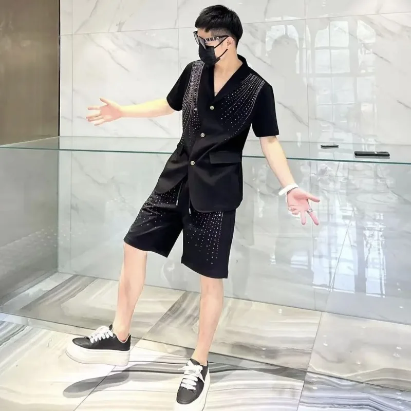 Men's Clothing Summer Fashion Brand Design Hot Drilling Short Sleeve suit high quality Suit Shorts Two-piece Set