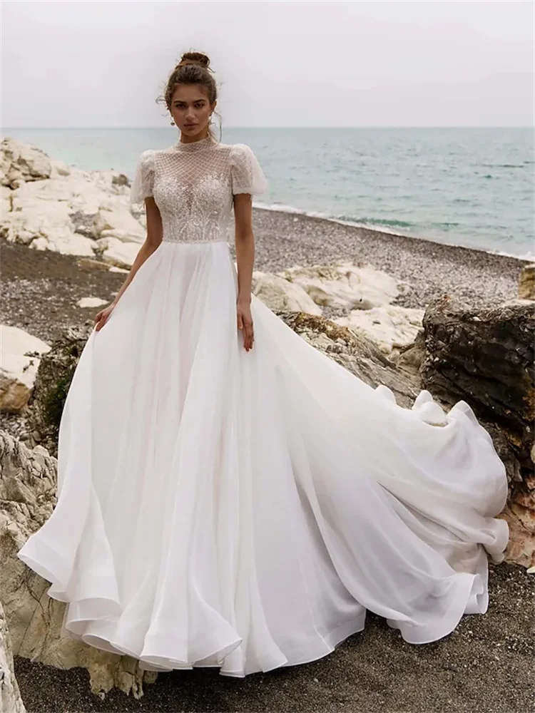 Beach Wedding Dresses Court Train Princess Short Sleeve High Neck Lace With Pleats Beading Bridal Gowns Elegant Long Dresses