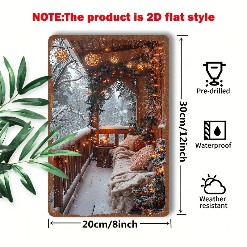2D Flat - A 1pc 2D [Flat] Metal Sign Titled 'Winter Snow Scene Balcony' Measuring 8X12 Inches / 20X30 Cm, Depicts a Balcony Cove