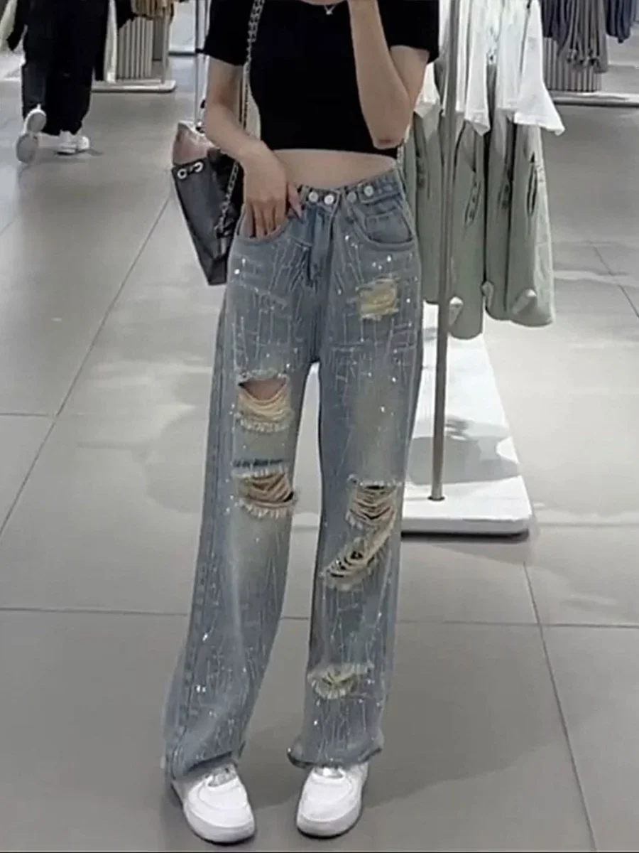 Bling Bling Sequins Hole High Waist Wide Leg Jeans 2024 New Summer Loose Straight Leg Pants Chic High Street Spicy Girl Trousers