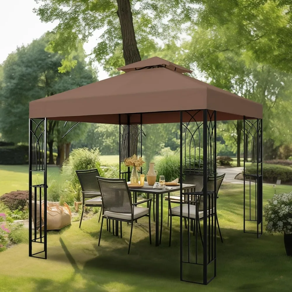 

8x8 Outdoor Gazebo Tent with Corner Shelves, Double Roof Patio Paviloin with Soft Fabric Top, Outdoor Sunshelter for Backyard Pa