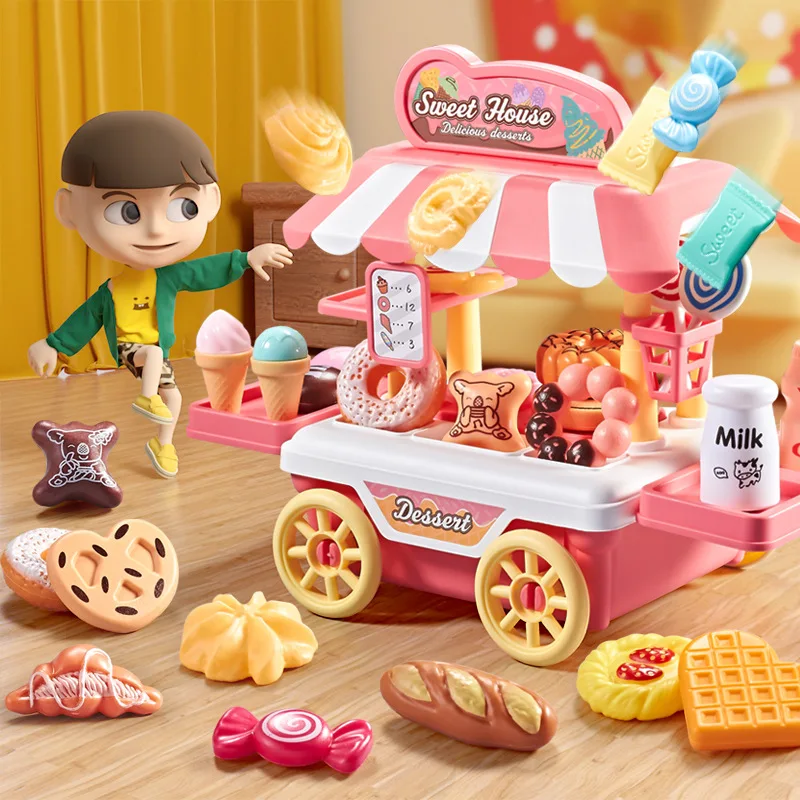 Children Dessert Car Hamburger Kitchen Toys Set Pretend Play Simulation Food Cookware Pretend Cooking Play House Toys for Girls