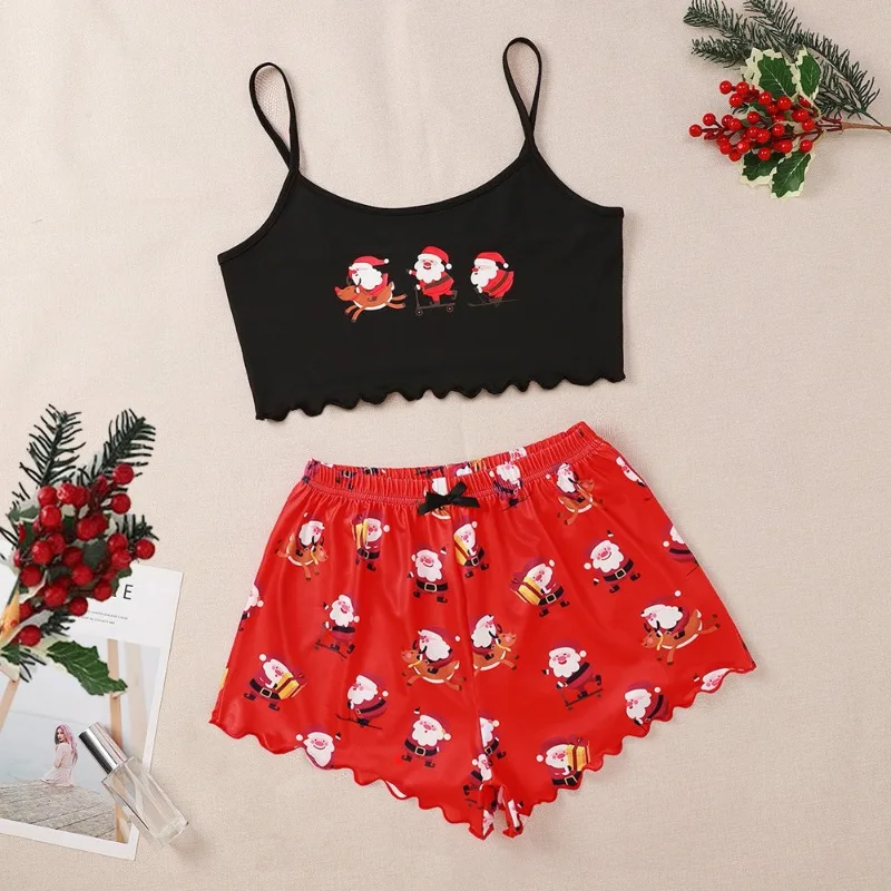 Sexy Female Christmas Pajamas, Sling Tank Top, Shorts, Snowflake Deer Loungewear Two-piece Set Pajamas for Women