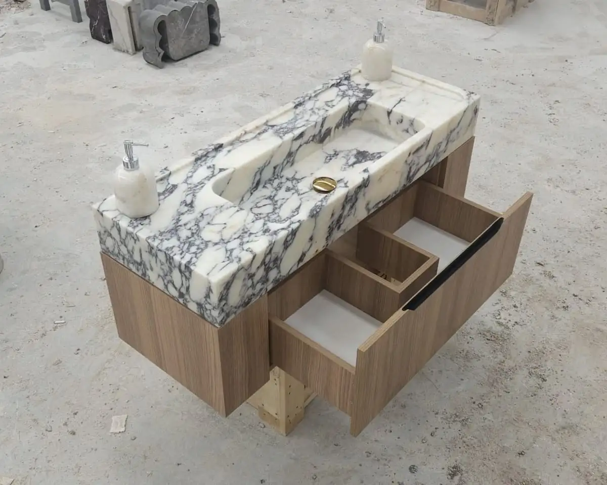Modern Luxury Wooden Cabinet Calacatta Viola Marble Vanity Basin for Hotel Washroom