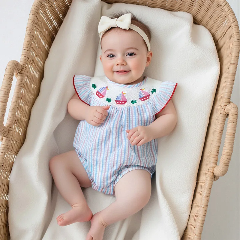 

Newborn Baby Girls Summer Rompers Stripe Boat Embroidery Round Neck Fly Sleeve Infant Bodysuits Jumpsuits