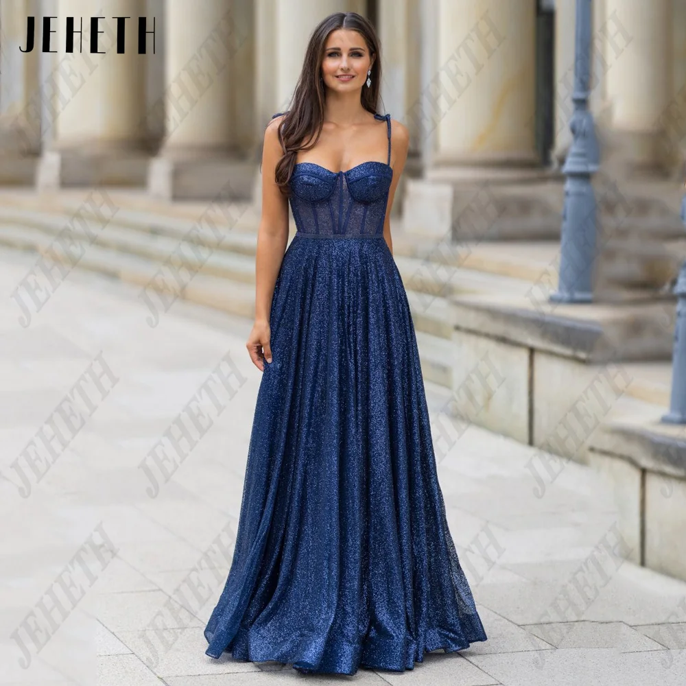 JEHETH Fashion Evening Dresses For Woman Sweetheart Spaghetti Straps Shiny Tulle Prom Gown A-Line Floor Length Vestidos De Noche