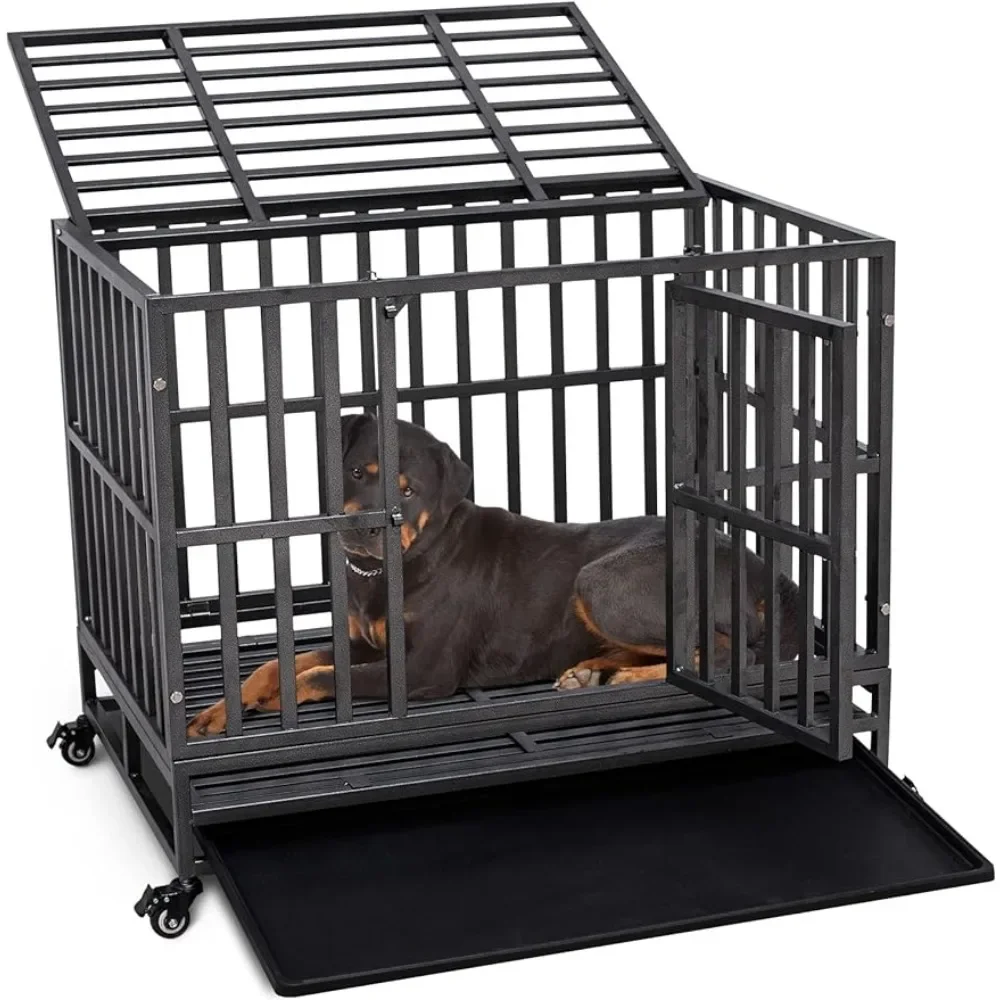 Heavy and indestructible metal dog cage for large dogs, anti escape dog cage with wheels, detachable tray