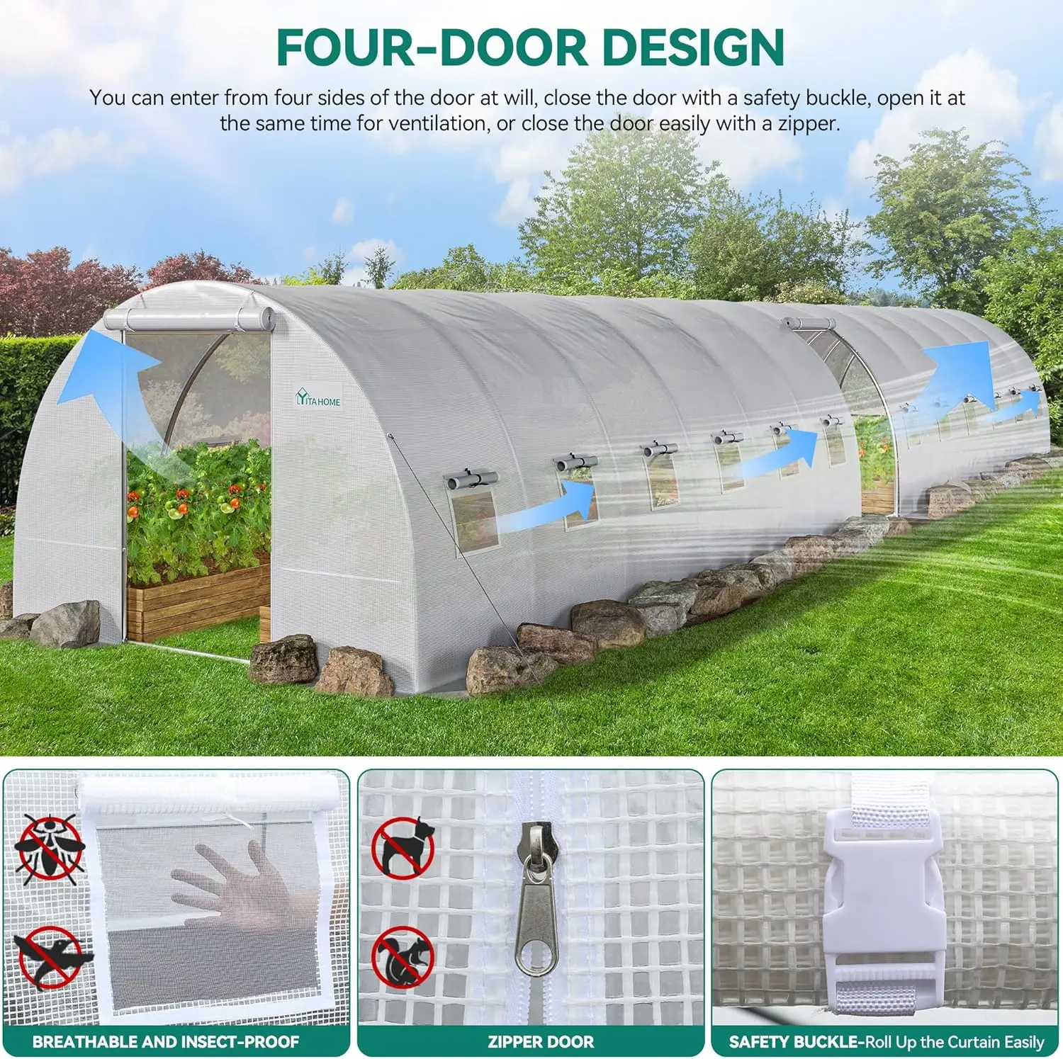 44x10x7ft Greenhouse Extra Large Heavy Duty 4 Zipper Doors Outdoor Greenhouses 24 Windows Walk in Tunnel Green House Plant