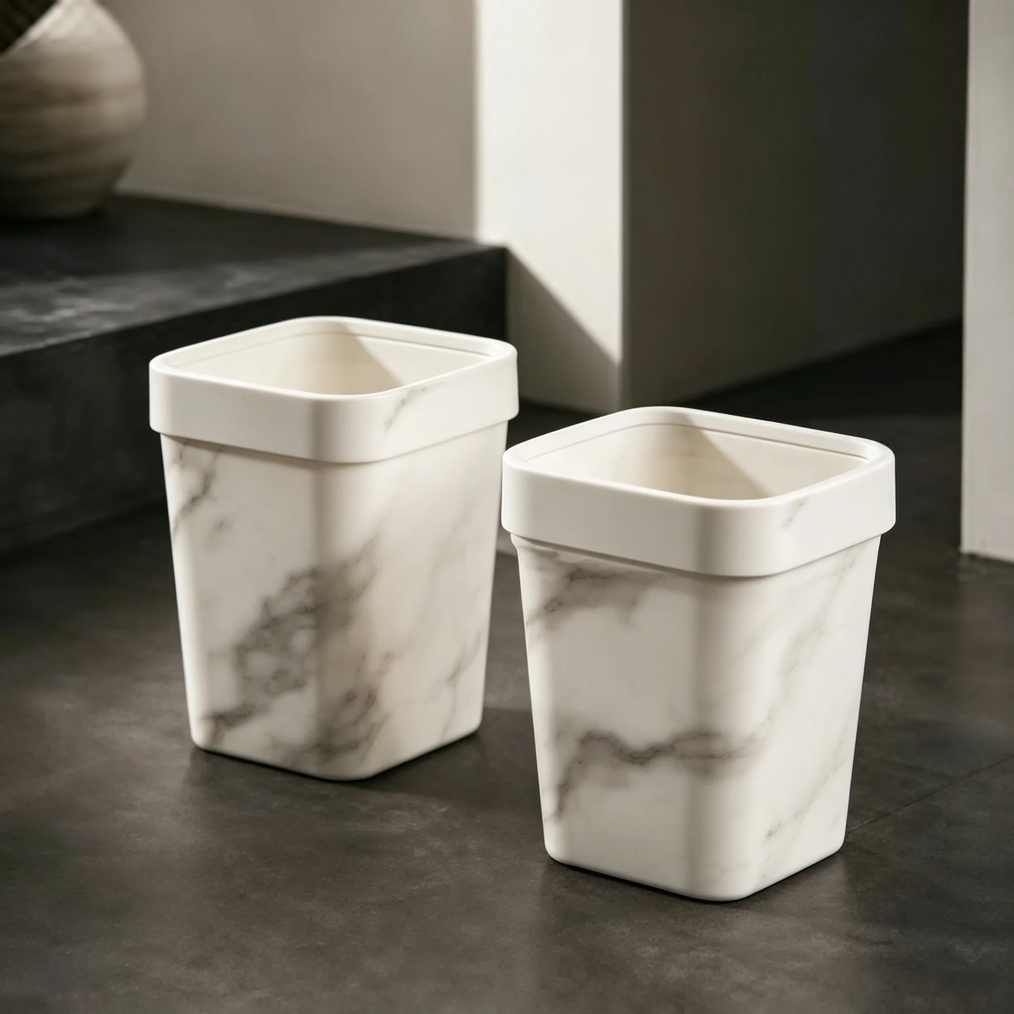 Small Decorative Square Trash Can Set of 2,7L Marble Print Waste Bin, Black & White Marble Two Colors Option