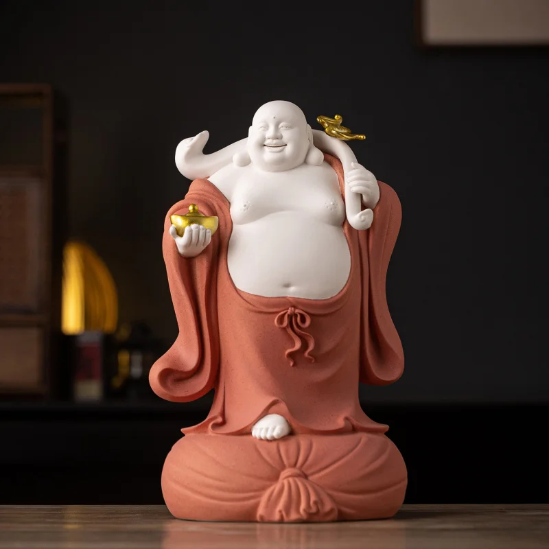Ceramic Ruyi Maitreya Statue For Worship, Standing Figure With Cloth Bag, Big Belly Laughing Buddha, Home Living Room Dec