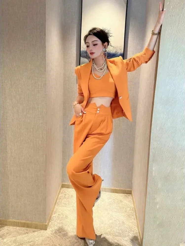 Spring Autumn Blazer and Pant Sets for Women 2 Pieces Suits Orange Korea Stylish Trousers Woman Chic Elegant Clothes with Sleeve