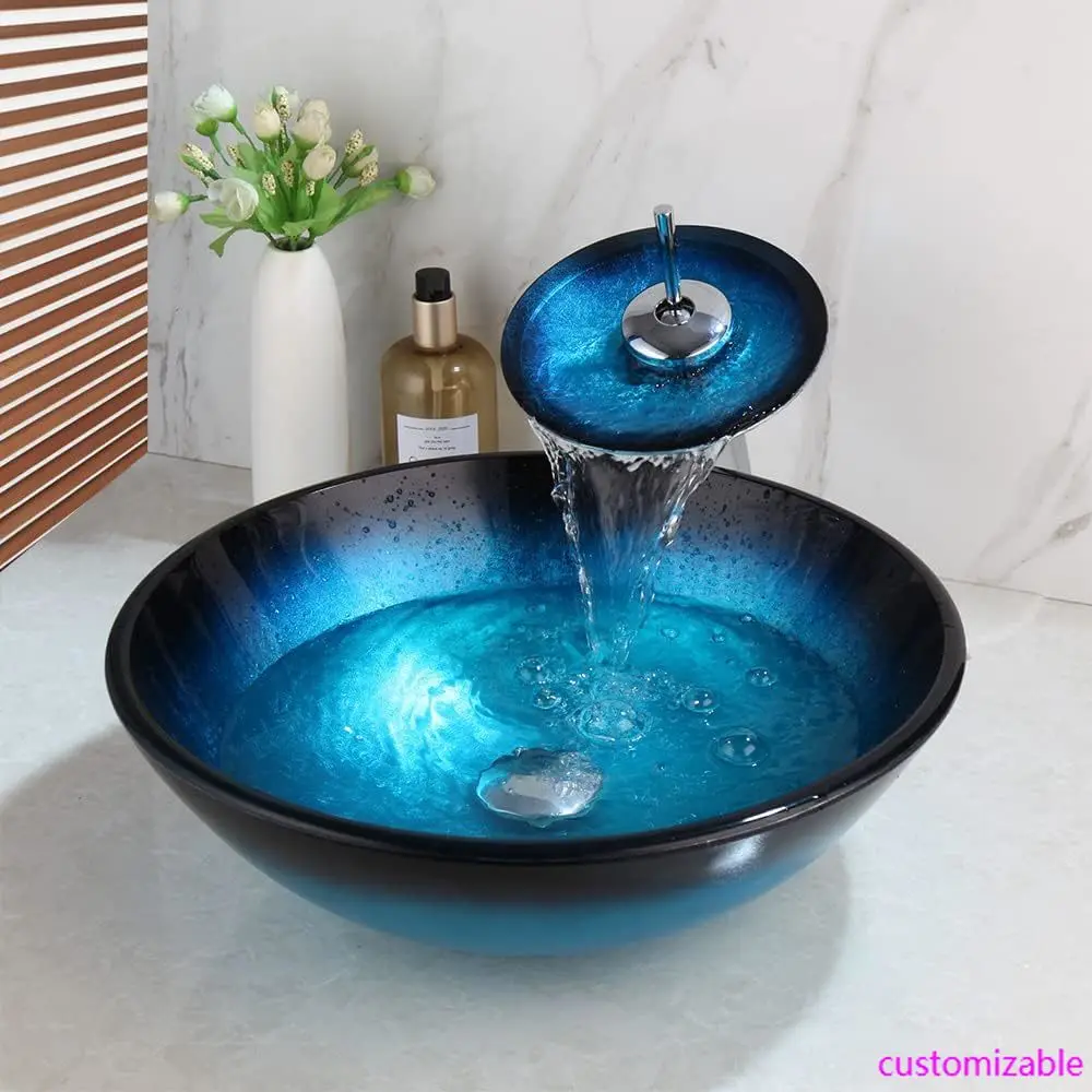 

Раковина из закаленного стекла для ванной комнаты, черно-синяя круглая чаша для умывальника, смеситель-водопад, хромированные латунные смесители, всплывающий сливной комбинированный смеситель