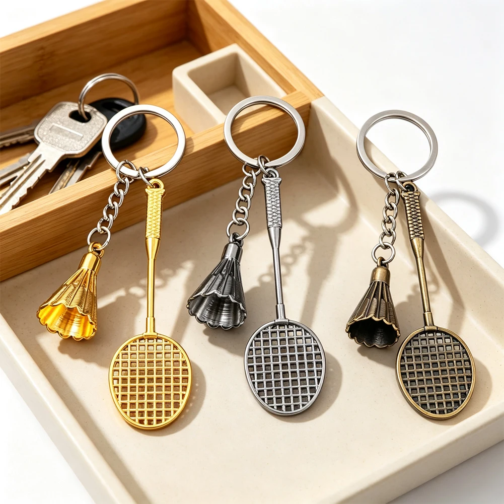 Mini Badminton Racket Keychain Alloy Metal Sport Key Ring Shuttlecock Pendant Creative Bag Charm Souvenir Gift for Sports Player