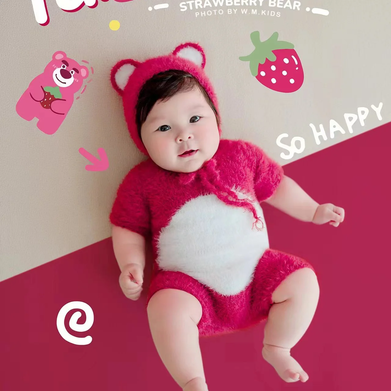 

2025Newborn Strawberry Bear photography props,handmade fuzzy romper for photo clothes