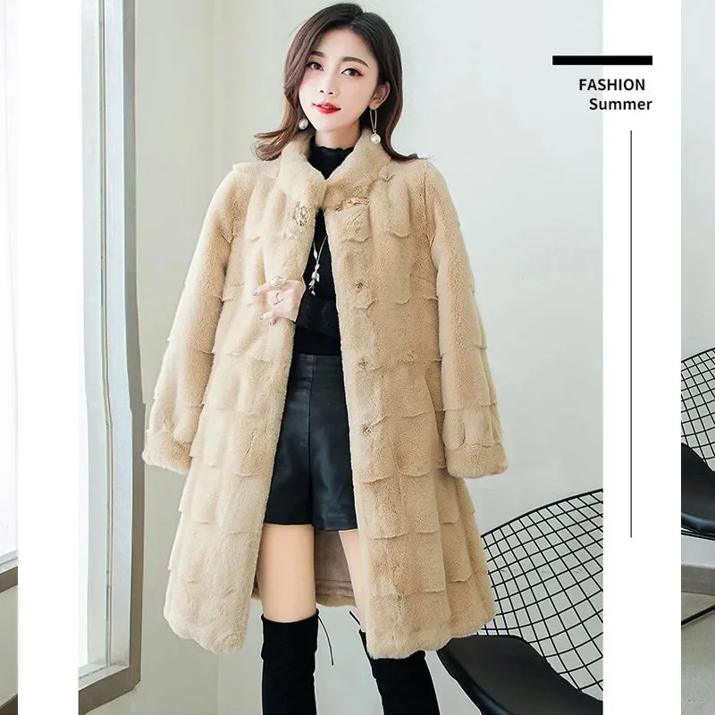 New Autumn Winter Jacket Imitation Mink Coat New Fashion Solid Color Medium Length Imitation Fur Coat Loose Female Outerwear 5XL