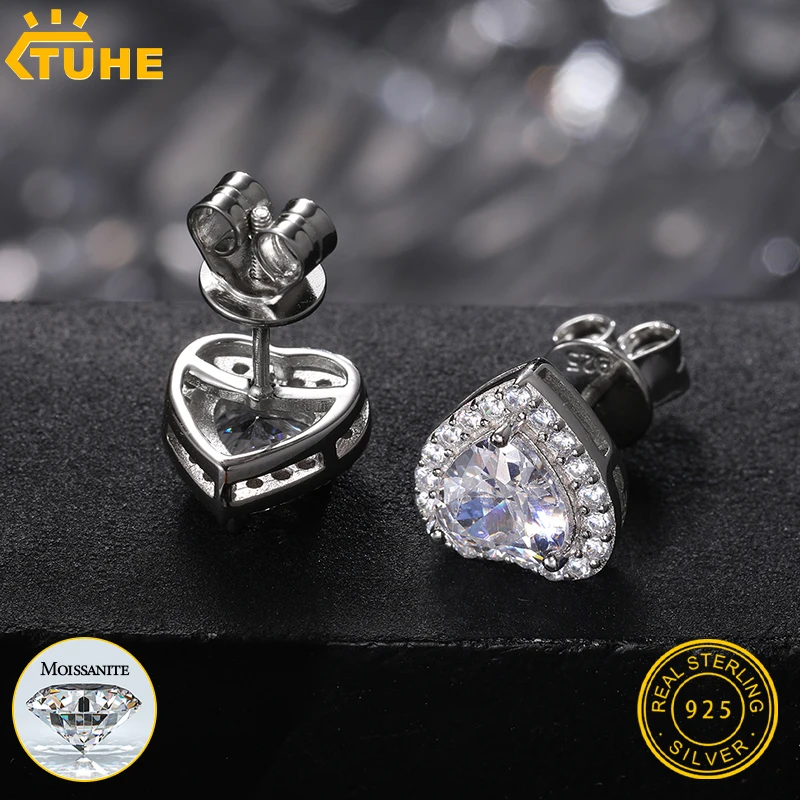 TUHE Unisex 5mm 6.5mm Heart Earrings  Moissanite D VVS1 Moissanite Diamond Stud Earrings For Men Women Fine Jewelry