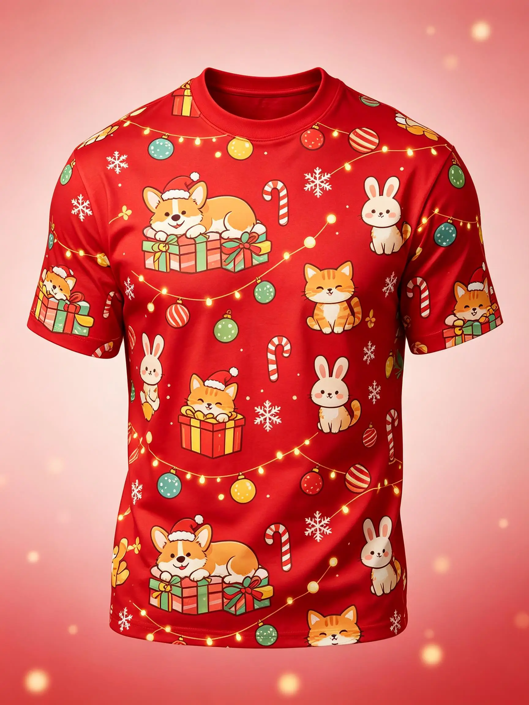 Men Christmas Holiday Tee, Cute Cartoon Corgi Rabbit Gift Box Ornament Allover Print Short Sleeve Casual Shirt