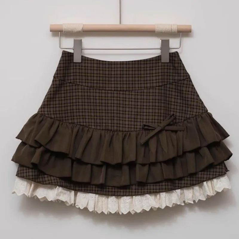 Vintage Kawaii Korean Fashion Brown Plaid Ruffle Tiered Mini Skirt Summer Cute Bow High Waist A-line Puffy Cake Skirts for Women