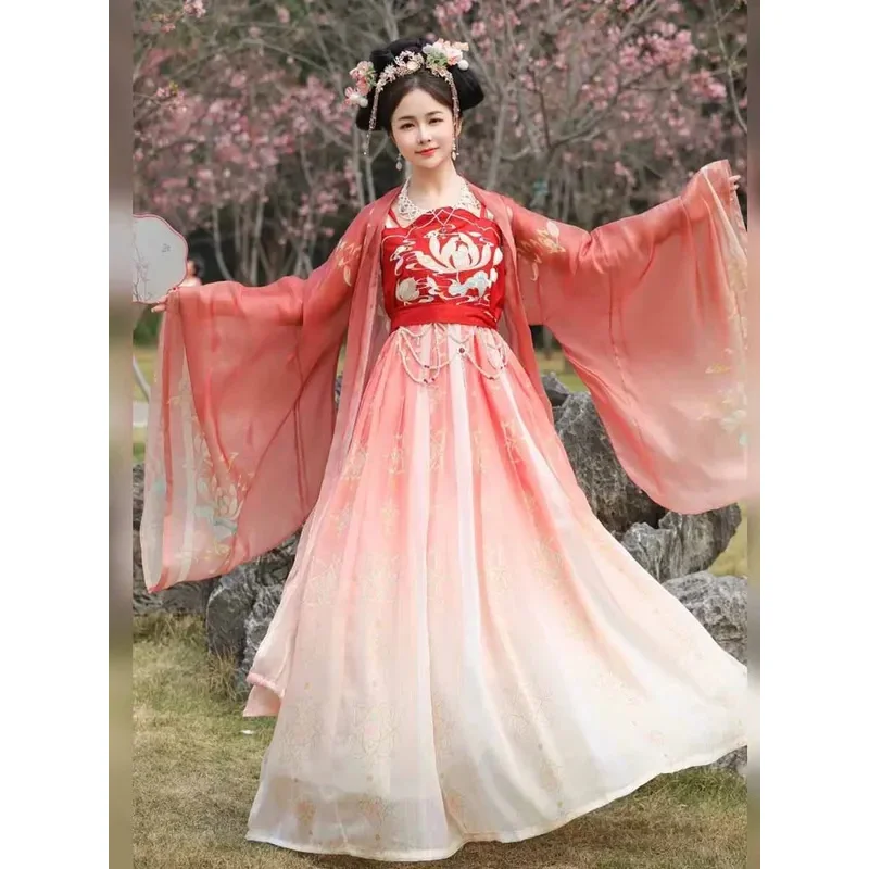 

Plus Size 6XL Hanfu Dress Women Oversized Chinese Tang Dynasty Vintage Embroidered Gradient Blue Red Hanfu Costume Party Outfit
