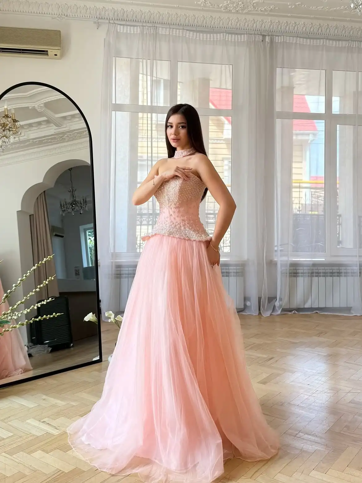 Blush Pink Strapless Sweetheart Ball Gown Beaded Peplum Bodice Tulle Skirt Lace Up Back Long Prom Evening Dress With Matching Ch