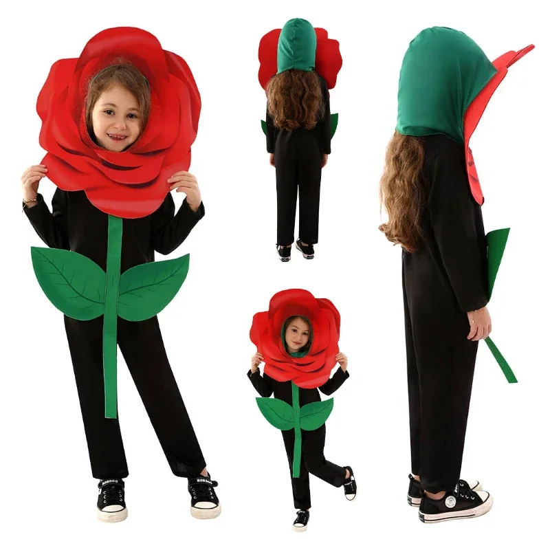 EE01 Kids Rose Flower Cosplay Boys Girls Fantasy Jumpsuit Hat Campus Stage Performance Costume Halloween Carnival Party DisgIo0！